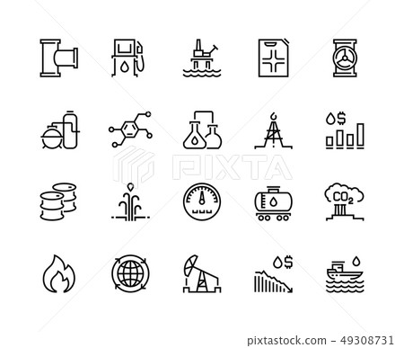 Oil line icons. Gas fuel station, chemical industry petrol tank, petroleum refinery factory, oil rig 49308731