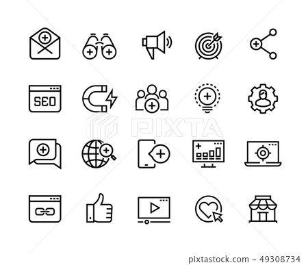 Inbound marketing line icons. Lead social media, action marketing influence and target audience Inbound marketing line icons. Lead social media, action marketing influence and target audience 49308734