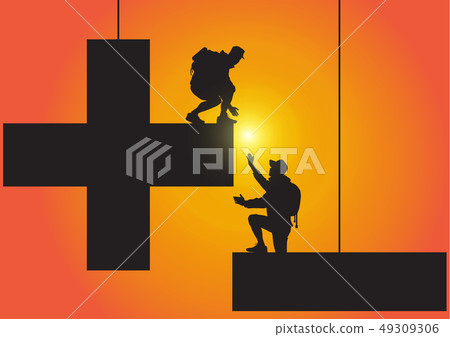 Silhouette of people climbing from minus to plus 49309306