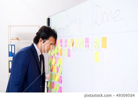Young handsome employee in front of whiteboard with to-do list Young handsome employee in front of whiteboard with to-do list 49309584