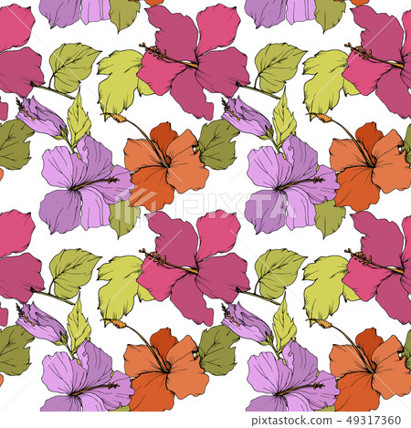 Vector Hibiscus floral botanical flower. Engraved ink art. Seamless background pattern. Fabric Vector Hibiscus floral botanical flower. Engraved ink art. Seamless background pattern. Fabric 49317360