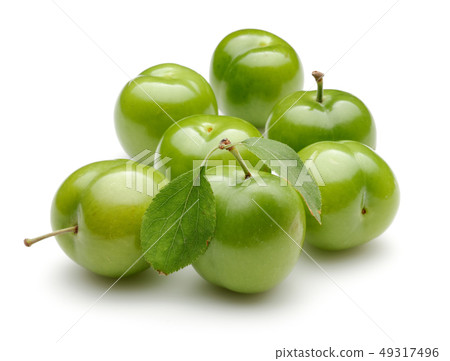 Fresh green plums with leaf isolated on white 49317496
