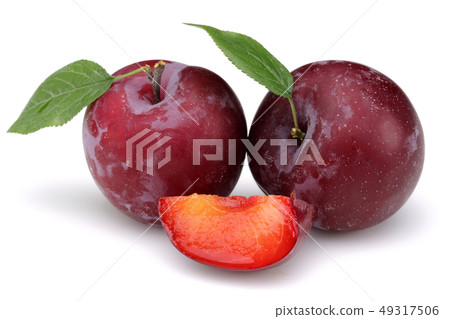 Red plums with leaf isolated on white 49317506