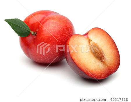 Red plums with leaf isolated on white 49317518
