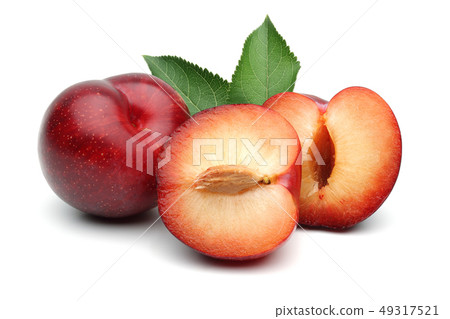 Red plums with leaf isolated on white 49317521