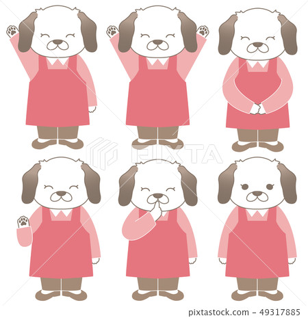 White dog pink apron six kind pose White dog pink apron six kind pose 49317885