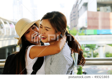 Beautiful woman friends touch hand for meeting. 49321803
