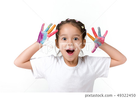 little child girl with hands painted in colorful paint little child girl with hands painted in colorful paint 49322450