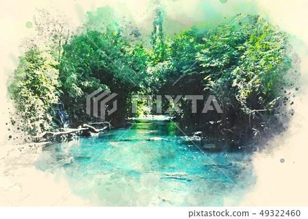 colorful waterfall on watercolor paint background. colorful waterfall on watercolor paint background. 49322460