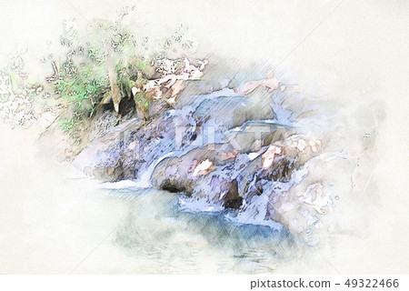 colorful waterfall on watercolor paint background. colorful waterfall on watercolor paint background. 49322466