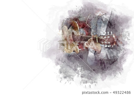 Acoustic Guitar in foreground watercolor paint. 49322486