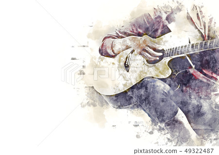 Acoustic Guitar in foreground watercolor paint. 49322487