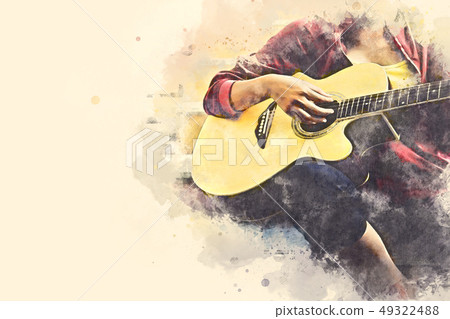 Acoustic Guitar in foreground watercolor paint. 49322488