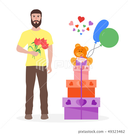 Man with flowers and gifts Holiday greeting card. Man with flowers and gifts Holiday greeting card. 49323462