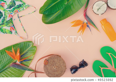 Summer flat lay scenery with swimsuit Summer flat lay scenery with swimsuit 49323892