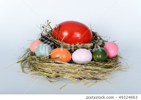 The nest with big ostrich and green, yellow, pink 49324663