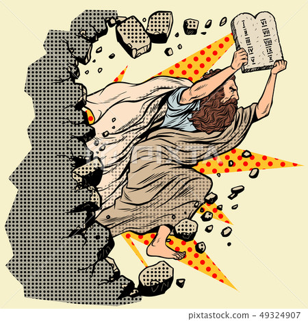 Moses with tablets of the Covenant 10 commandments breaks a wall, destroys stereotypes 49324907