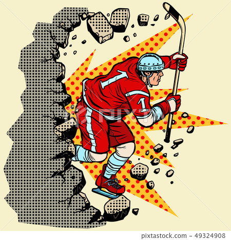 hockey player breaks a wall, winter sport 49324908