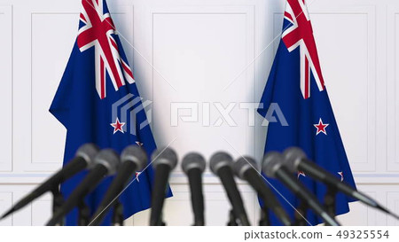 Official press conference with flags of New Zealand. 3D rendering 49325554