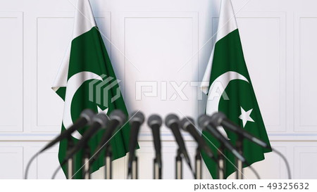 Pakistani official press conference with flags of Pakistan. 3D rendering 49325632