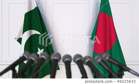 Flags of Pakistan and Bangladesh at international meeting or negotiations press conference. 3D 49325633