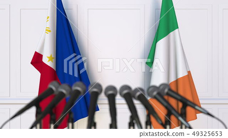 Flags of Philippines and Ireland at international meeting or negotiations press conference. 3D 49325653