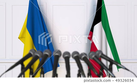 Flags of Ukraine and Kuwait at international meeting or negotiations press conference. 3D rendering Flags of Ukraine and Kuwait at international meeting or negotiations press conference. 3D rendering 49326034