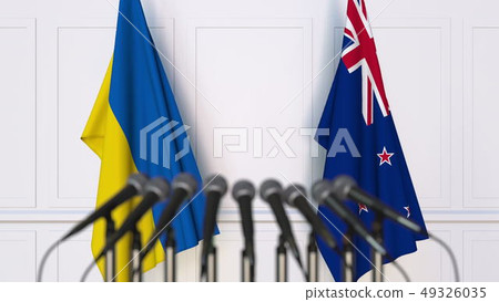 Flags of Ukraine and New Zealand at international meeting or negotiations press conference. 3D Flags of Ukraine and New Zealand at international meeting or negotiations press conference. 3D 49326035