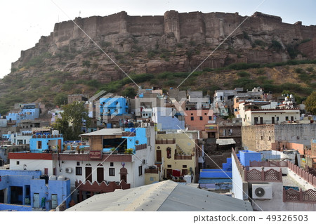 Jodhpur in Rajasthan, India Beautiful cityscape and Mehrangarh Fort Blue dwellings and hotels Jodhpur in Rajasthan, India Beautiful cityscape and Mehrangarh Fort Blue dwellings and hotels 49326503