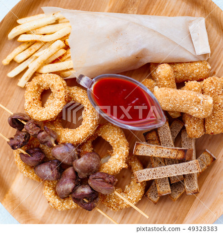 beer snacks set, bar table. pub, oktoberfest food beer snacks set, bar table. pub, oktoberfest food 49328383