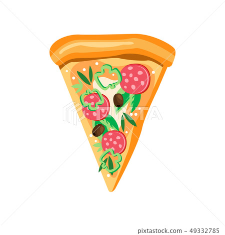Triangle pizza slice with pepperoni, pepper, olives, mozzarella and basil leaves. Fast food theme 49332785