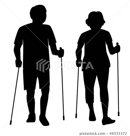 Senior couple do nordic walking in park silhouete. 49333372