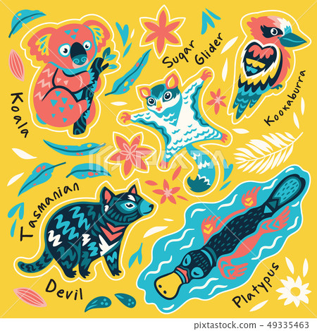 Set of decorative australian animals stickers, badges, icons, patches, design elements. Vector 49335463