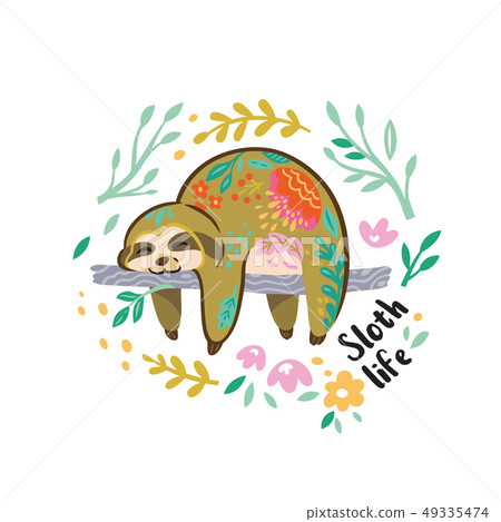 Cute vector sloth bear animal character sleeping on a branch. Vector illustration 49335474