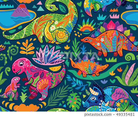 Cute seamless pattern with mom and baby dinosaurs and tropical plants. Vector illustration Cute seamless pattern with mom and baby dinosaurs and tropical plants. Vector illustration 49335481