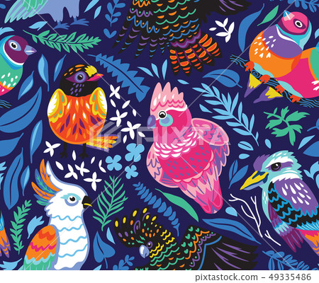 Seamless pattern with exotic australian birds and tropical leaves on navy blue background Seamless pattern with exotic australian birds and tropical leaves on navy blue background 49335486