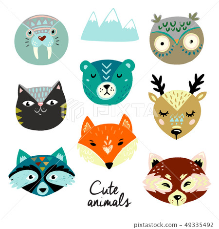 Cute animals faces. Hand drawn baby design Cute animals faces. Hand drawn baby design 49335492