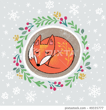 Christmas wreath with slepping fox. Hand drawn cartoon illustration Christmas wreath with slepping fox. Hand drawn cartoon illustration 49335777
