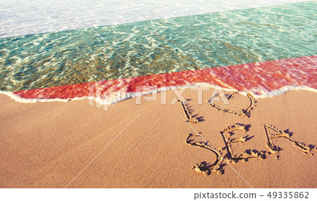 Beach sand, sea and flag Bulgaria. I love Bulgaria Beach sand, sea and flag Bulgaria. I love Bulgaria 49335862