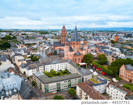 Mainz cathedral aerial view, Germany 49337751