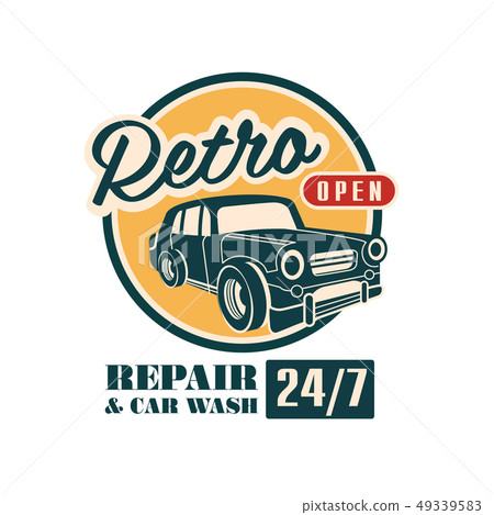 Repair and car wash logo fesign, 24 7 auto service badge, retro vintage label vector Illustration on Repair and car wash logo fesign, 24 7 auto service badge, retro vintage label vector Illustration on 49339583