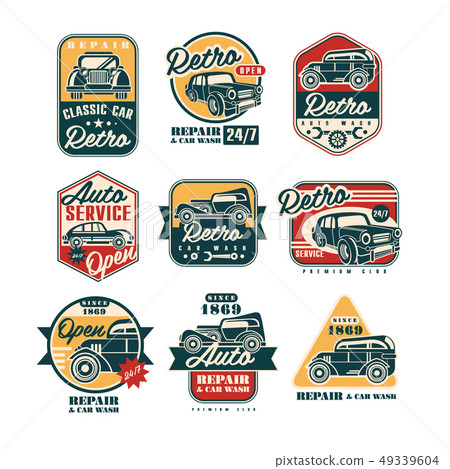 Car repair vintage style labels set, auto service logo, badge vector Illustrations on a white 49339604