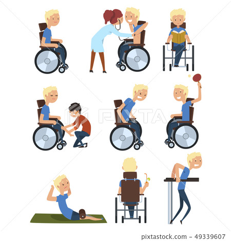 Man in wheelchair in different situations set, rehabilitation and active lifestyle of disabled Man in wheelchair in different situations set, rehabilitation and active lifestyle of disabled 49339607