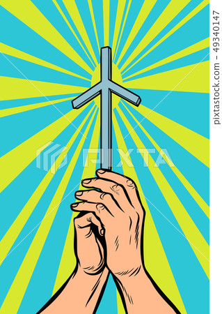 Georgian Orthodox Grapevine Christian cross in the light, hands of the believer Georgian Orthodox Grapevine Christian cross in the light, hands of the believer 49340147