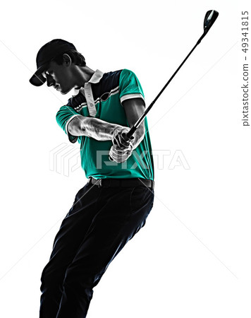 Man Golf golfer golfing isolated shadow silhouette white background Man Golf golfer golfing isolated shadow silhouette white background 49341815