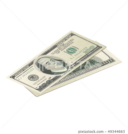 Couple of fake one hundred USA dollars banknote, front and back detailed coupure in isometric view 49344663