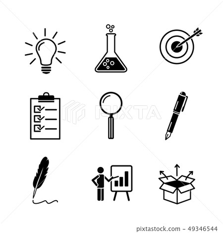 Creativity, research, business idea development black icon set in flat solid style. Ligtbulb, test Creativity, research, business idea development black icon set in flat solid style. Ligtbulb, test 49346544