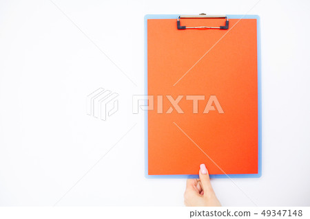 Blank Folder with Red Paper. Hand that Holding Folder and Pen on White Background. Copyspace. Place Blank Folder with Red Paper. Hand that Holding Folder and Pen on White Background. Copyspace. Place 49347148