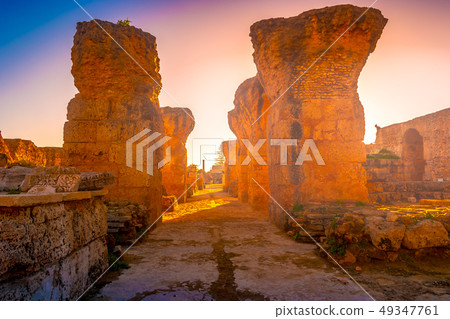 Colorful sunset in Carthage. Baths of Antonius in 49347761