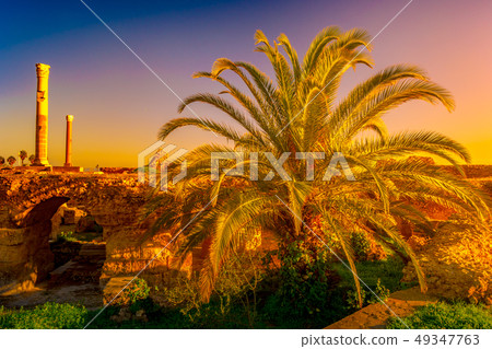 Colorful sunset in Carthage. Baths of Antonius in 49347763